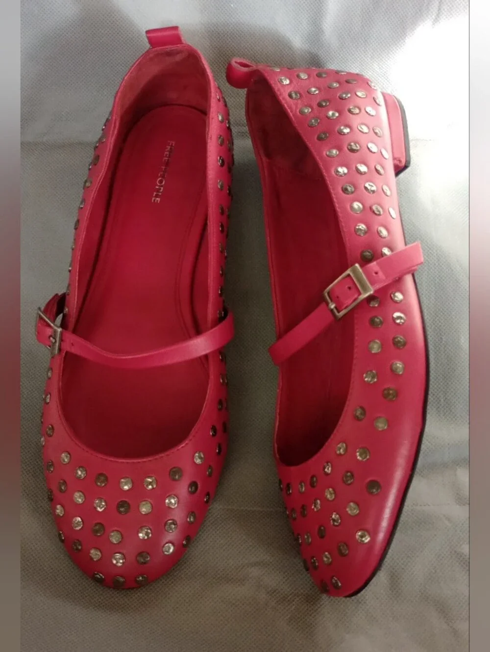 Free People Twiggy Red Leather Studded Mary Jane Ballet Flats Sz 11